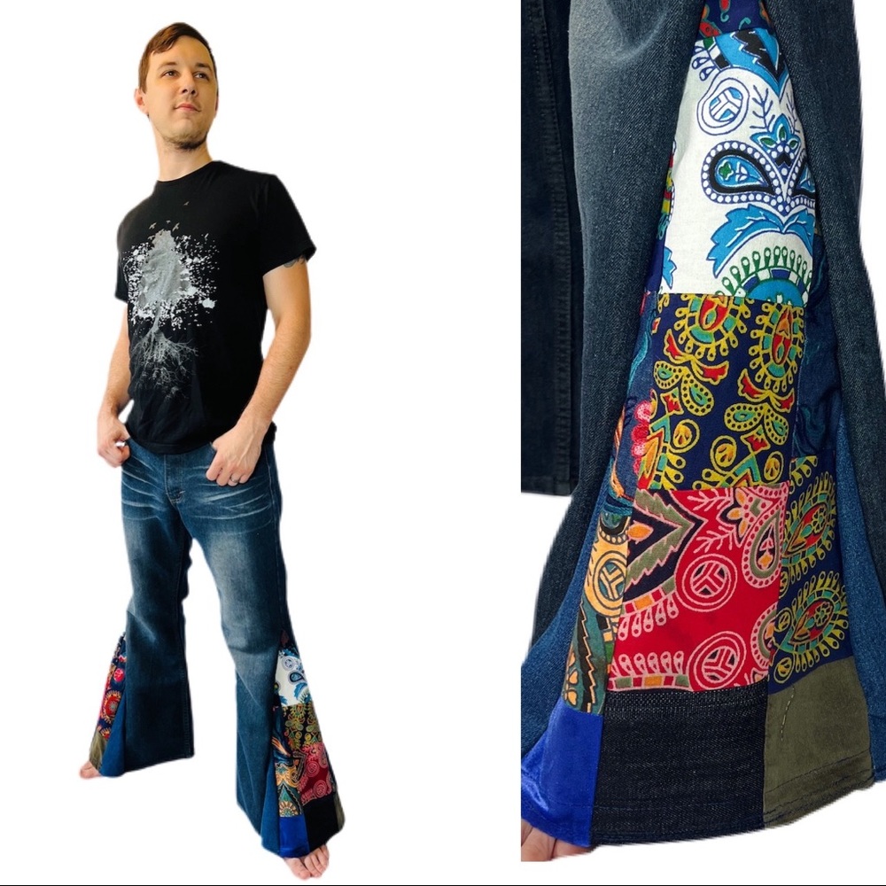 Handmade Patchwork Bell bottom Jeans Unisex Upcycled Mens Jeans
